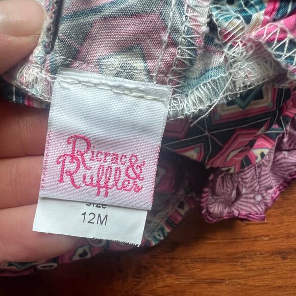 Ricrac &Ruffles Girls 12m Purple Pink Geometric Summer Bubble Romper Ruffle - Picture 5 of 7